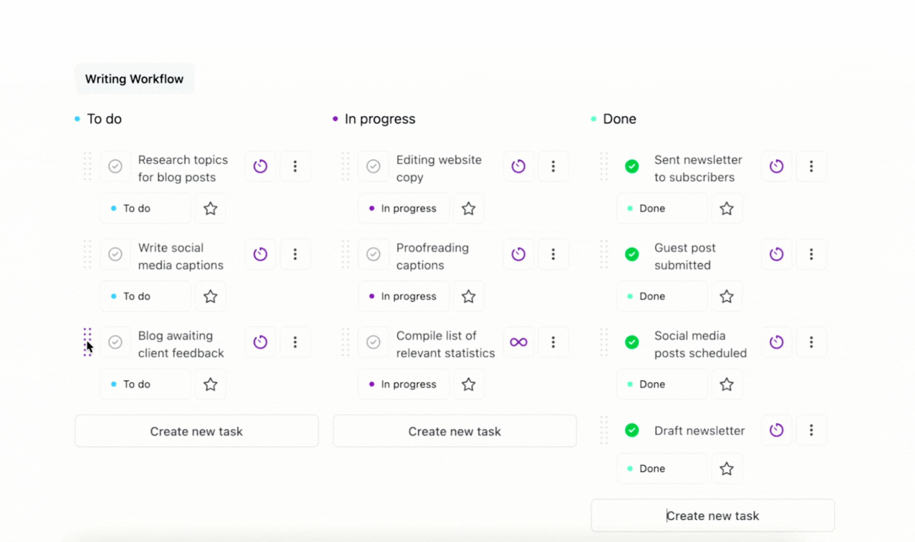 An animation showing a task being dragged from one status to another in a Kanban board.